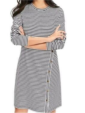 LOFT Black and White Striped Crew Neck Top